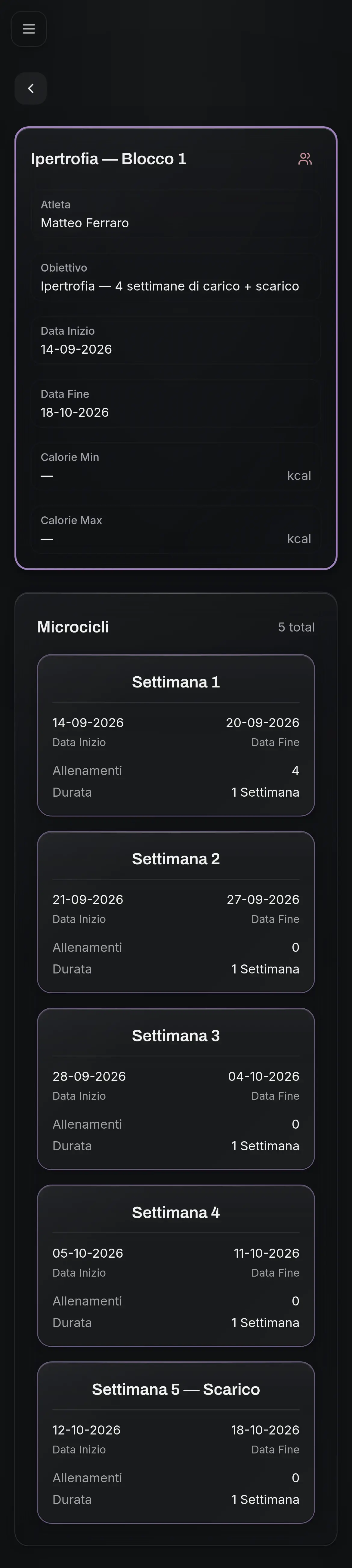 Schermata di NoteFit con un blocco di cinque settimane in cui la quinta è segnata come scarico.