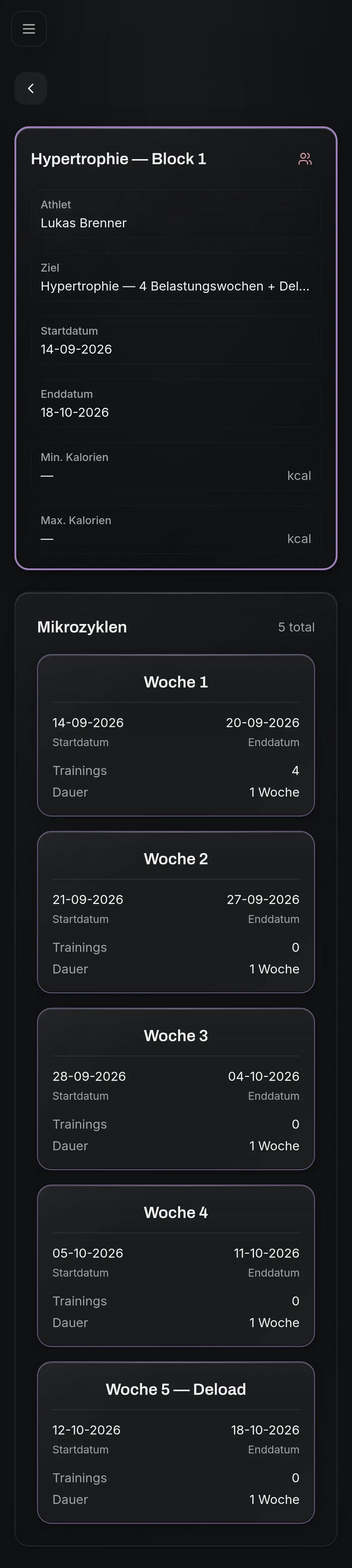 NoteFit-Ansicht eines fünfwöchigen Hypertrophie-Blocks: vier Belastungswochen und eine Deload-Woche.