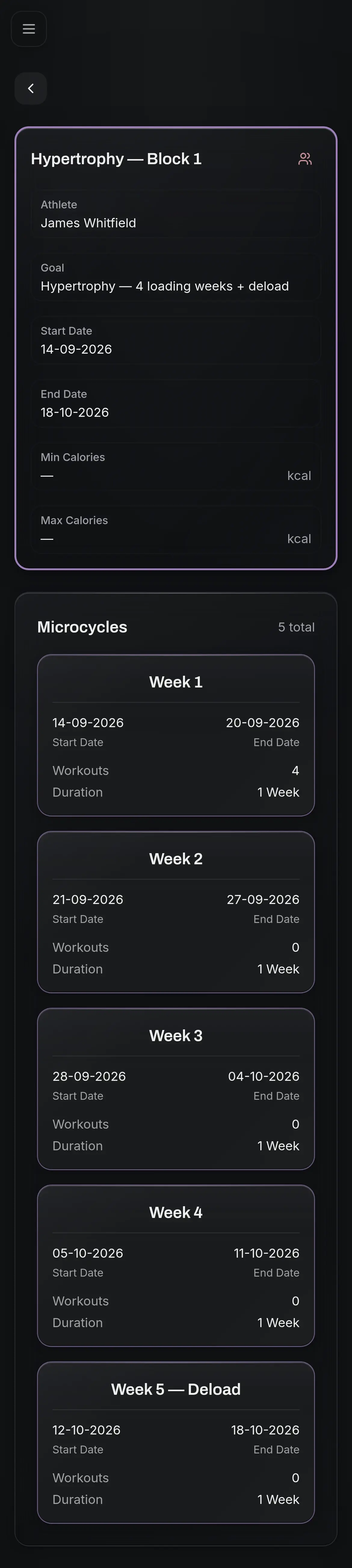 A NoteFit screen showing a five-week hypertrophy block: four loading weeks and one deload week.