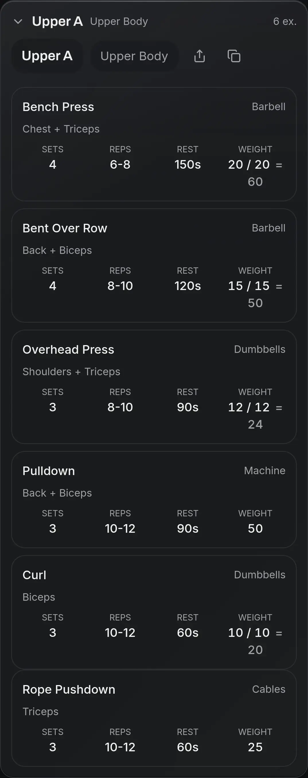 A workout open in NoteFit with six exercises, sets, reps, rest and load; the last two as a superset.