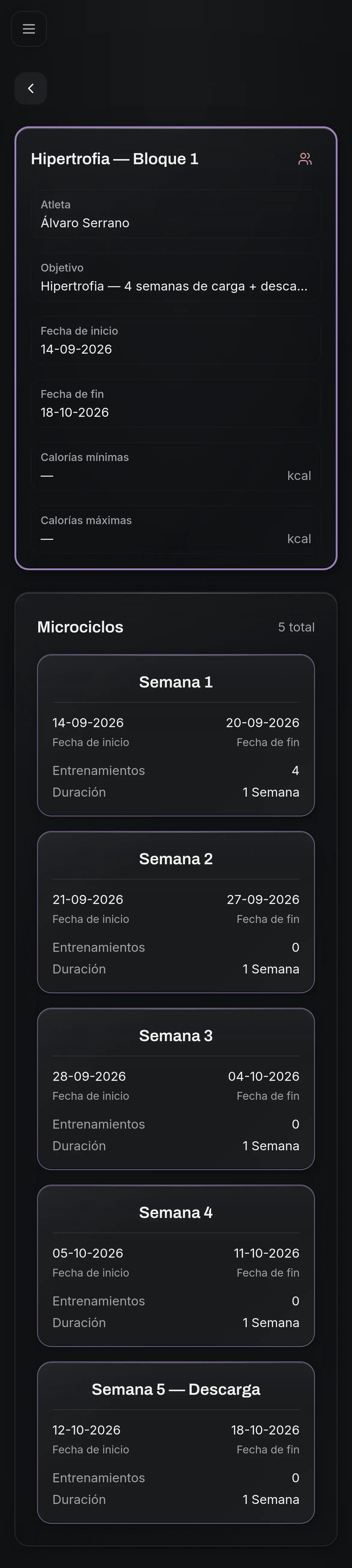 Pantalla de NoteFit con un bloque de cinco semanas en el que la quinta está marcada como descarga.