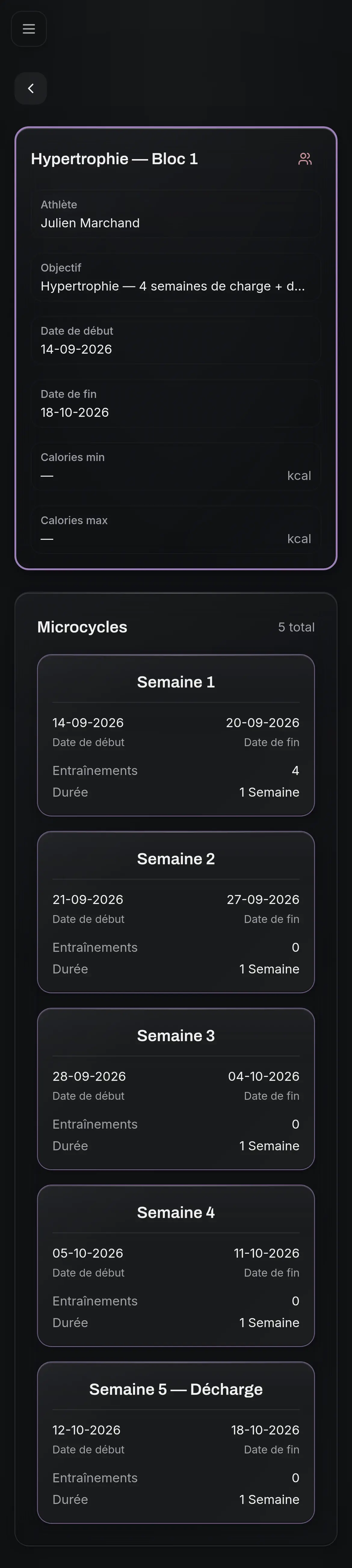 Écran NoteFit montrant un bloc de cinq semaines dont la cinquième est marquée comme décharge.
