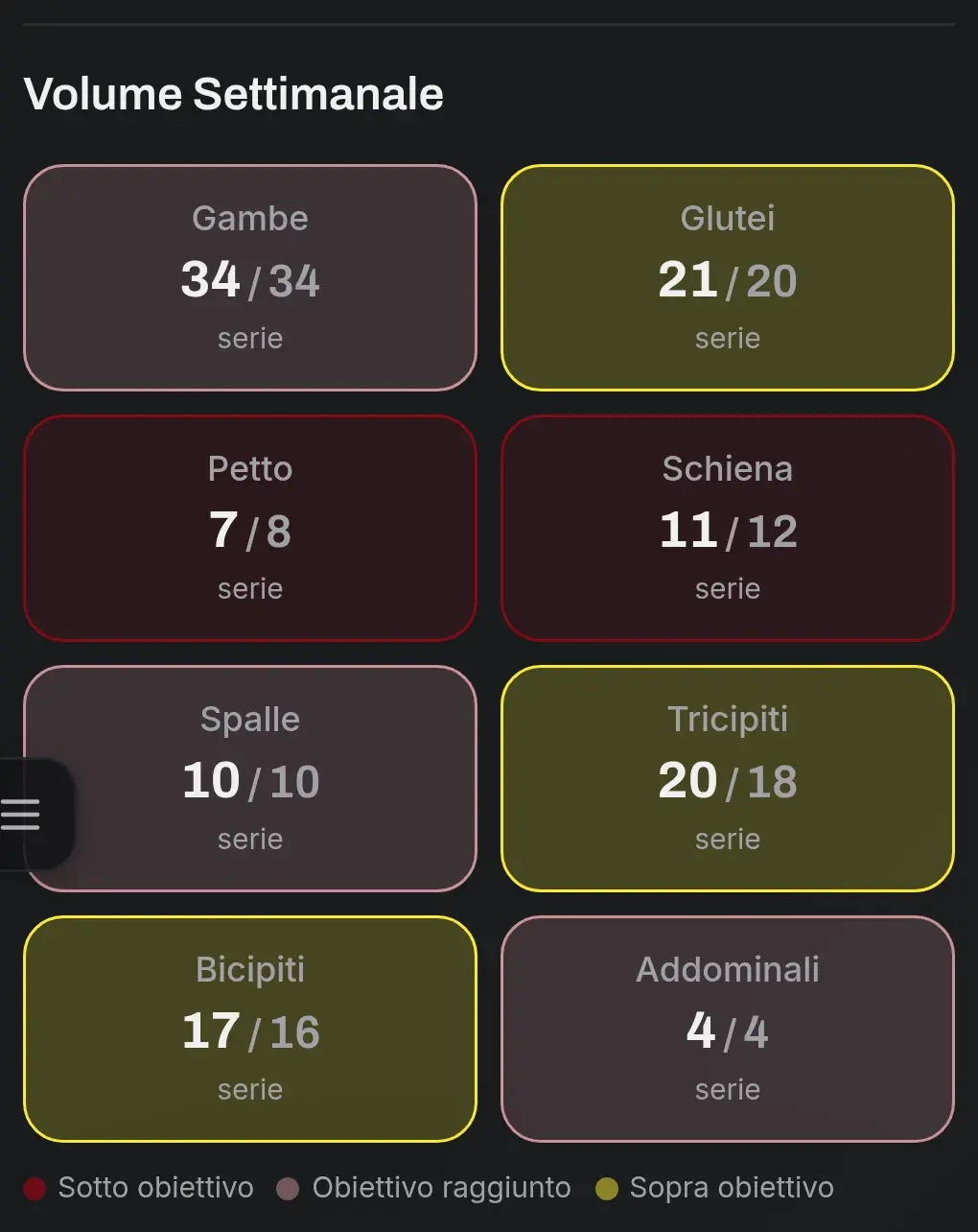 Pannello di NoteFit con le serie settimanali per gruppo muscolare e il relativo obiettivo.