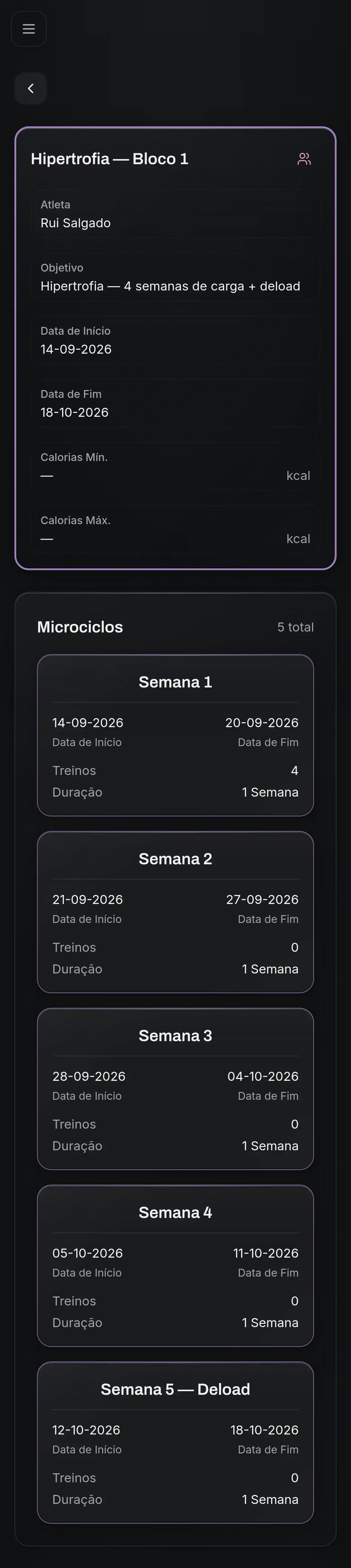 Ecrã do NoteFit com um bloco de cinco semanas em que a quinta está marcada como deload.